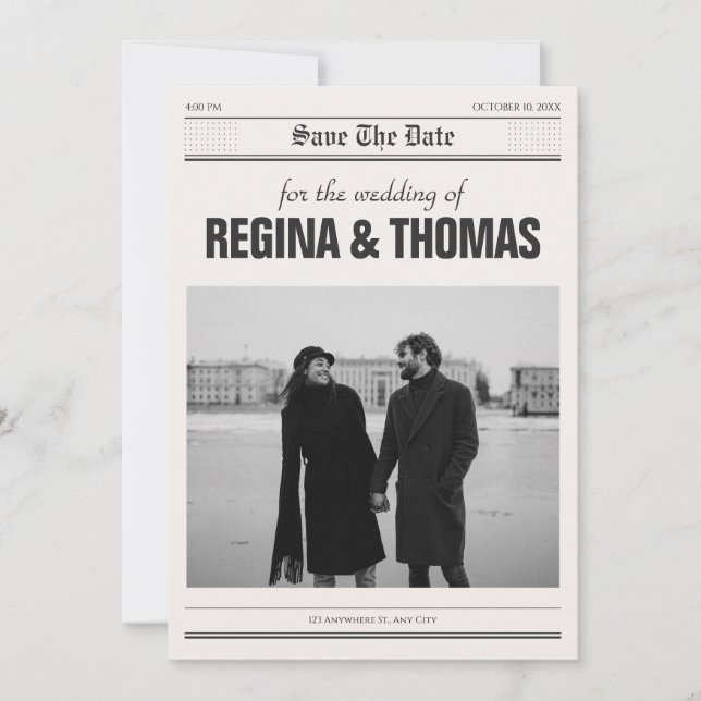 Reserva La Fecha boda fotográfico de poster de periódico minimalist (Anverso)