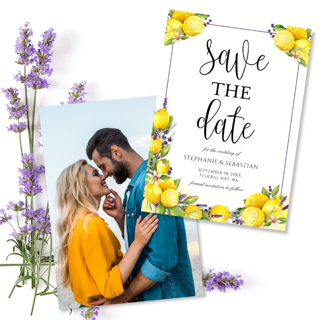 Reserva La Fecha Boda fotográfico de Watercolor Lemon Lavender (Watercolor Lemon Lavender Photo Wedding Save The Date)