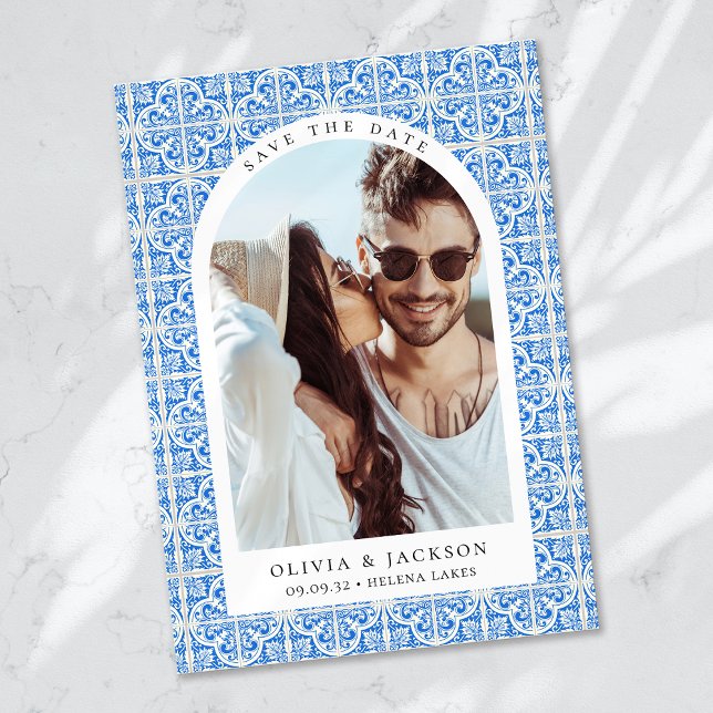 Reserva La Fecha Boda fotográfico del arco de mosaico azul mediterr (Subido por el creador)