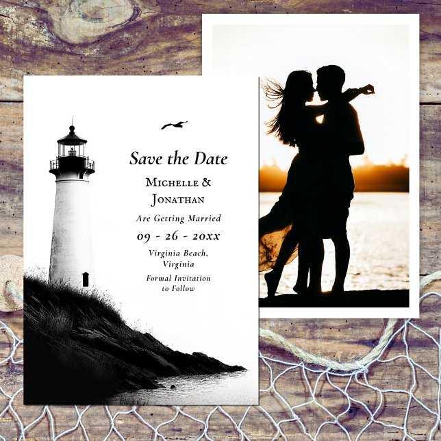 Reserva La Fecha Boda fotográfico del faro náutico de la playa cost (Coastal Beach Nautical Lighthouse Photo Wedding Save The Date)