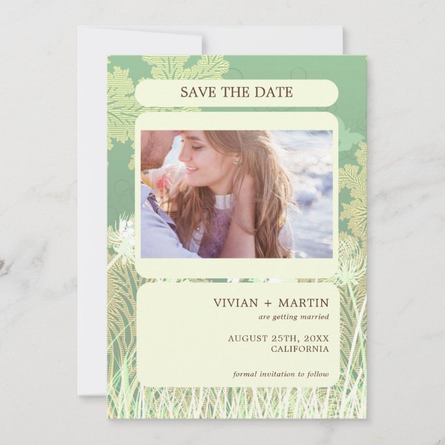 Reserva La Fecha Boda fotográfico del paisaje verde de los bosques  (Anverso)