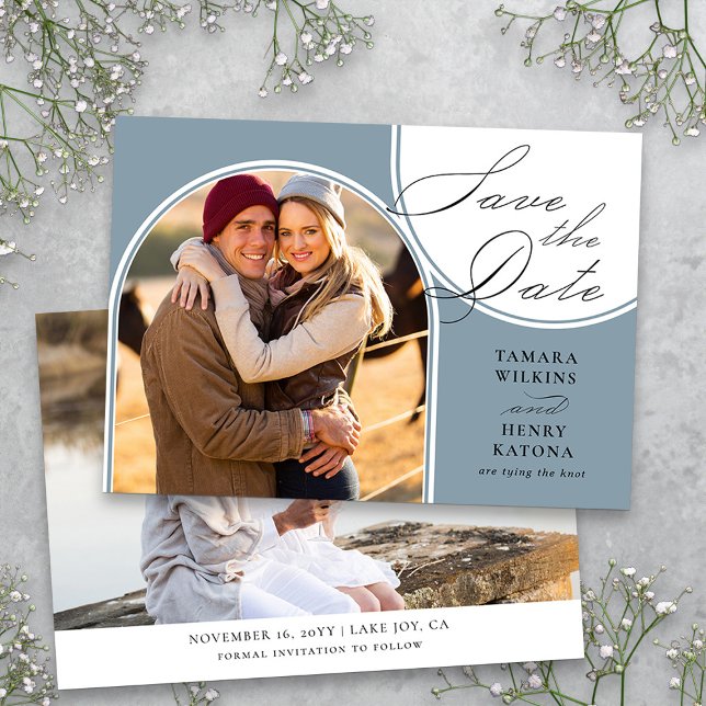 Reserva La Fecha Boda fotográfico Dusty Blue Arched caligrafía (Dusty Blue Photo Save the Date from my Wedding Colors Collection)