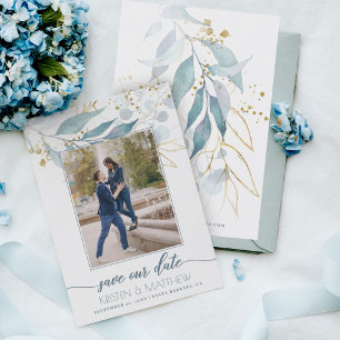 Reserva La Fecha Boda fotográfico elegante de acuarela azul turbio