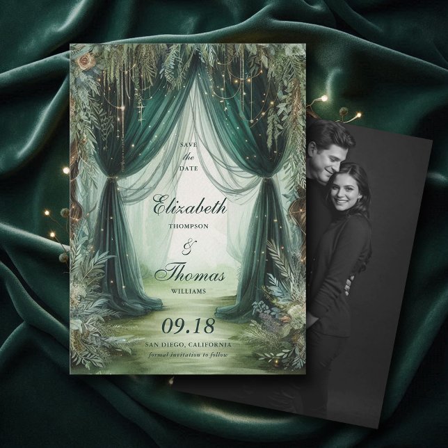 Reserva La Fecha Boda fotográfico encantado de Forest Moody Calligr (enchanted forest woodland wedding save the date calligraphy fairy tale elegant moody emerald green)