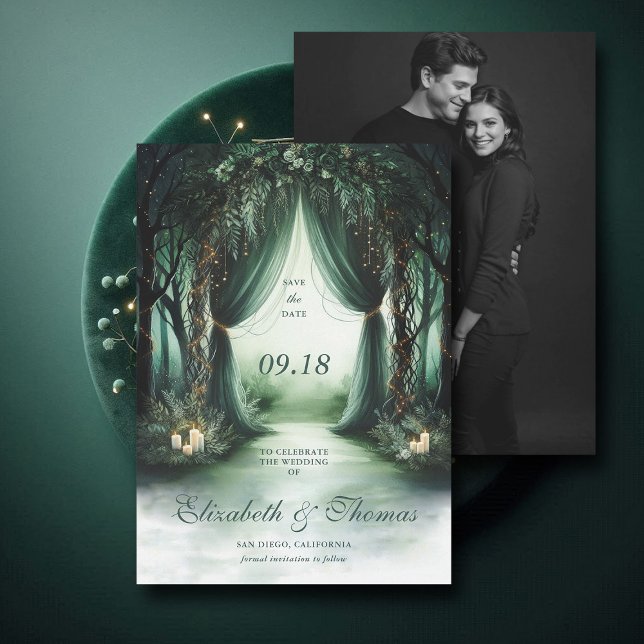Reserva La Fecha Boda fotográfico encantado de Forest Moody Dark Wo (enchanted forest woodland wedding save the date arch canopy calligraphy fairy tale magic bespoke)