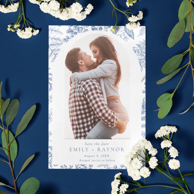 Reserva La Fecha Boda fotográfico floral azul blanco brillante (Blue White Willow Floral Photo Wedding Save The Date)