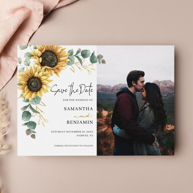 Reserva La Fecha Boda fotográfico floral de Sunflower Eucalyptus (Floral Sunflower Script Photo Wedding Save the Date Announcement)