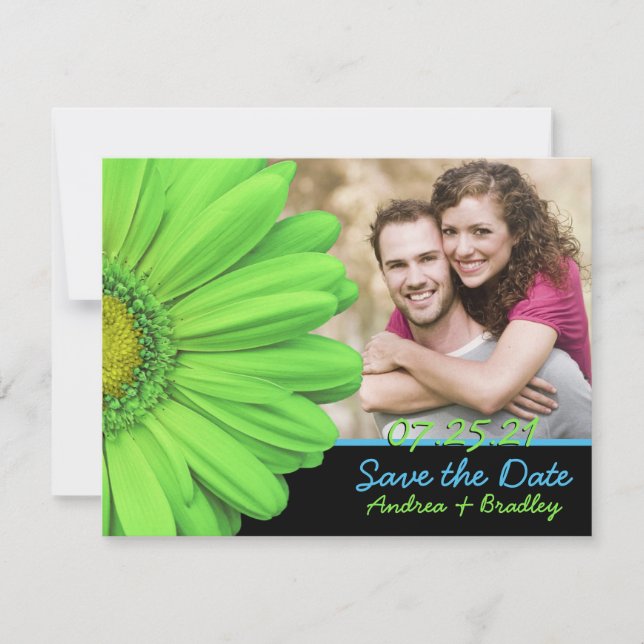 Reserva La Fecha Boda fotográfico Green Blue Gerbera Daisy (Anverso)