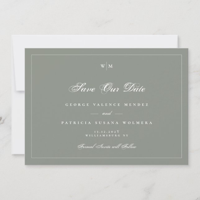 Reserva La Fecha Boda fotográfico gris verde verde en monograma bla (Anverso)