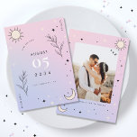 Reserva La Fecha Boda fotográfico místico de Tarot Tarot Celestial<br><div class="desc">Sorprenda a sus seres queridos con esta mística tarjeta celestial Save the Date,  con fondo de gradiente rosa y morado,  ilustracion de luna y estrella y detalles editables. Personalizar fácilmente haciendo clic en la opción "personalizar".</div>