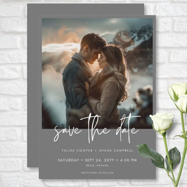 Reserva La Fecha Boda fotográfico moderno gris plateado mínimo (Minimal Silver Gray Modern Photo Wedding Save The Date)