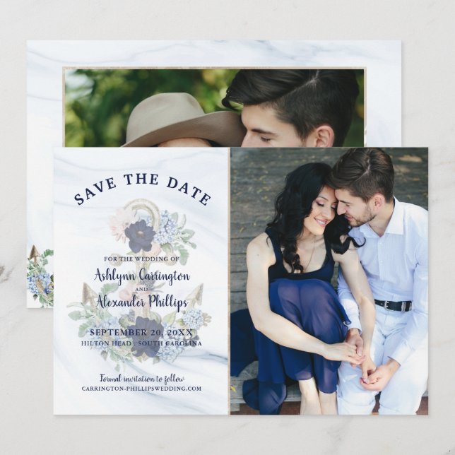 Reserva La Fecha Boda fotográfico Nautical Elegant Floral Anchor Na (Anverso / Reverso)