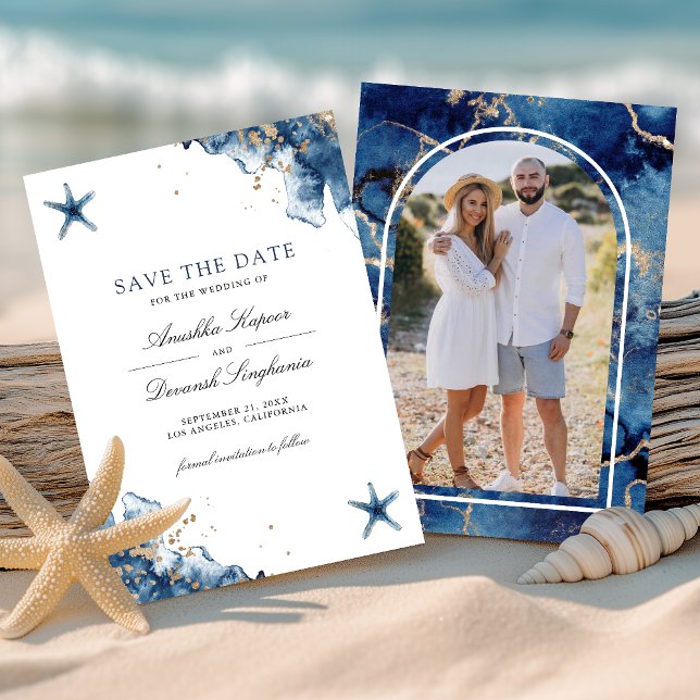 Reserva La Fecha Boda fotográfico Nautical Navy Blue Starfish (Subido por el creador)