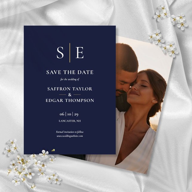 Reserva La Fecha Boda fotográfico Navy Blue And Gold Monograma (Navy Blue And Gold Monogram Photo Wedding Save The Date)