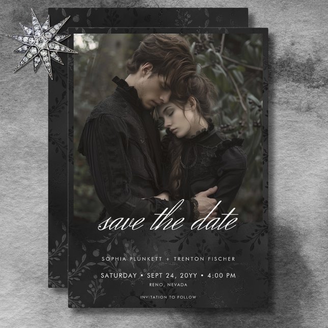 Reserva La Fecha Boda fotográfico oscuro Moody Black Satin Damask (Dark Moody Black Satin Damask Photo Wedding Save The Date)