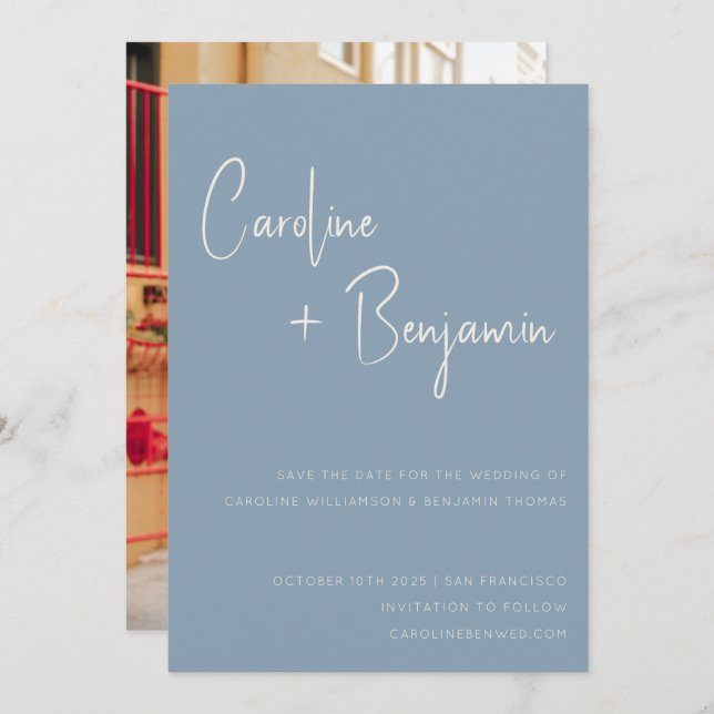 Reserva La Fecha Boda fotográfico sencillo y moderno con guión azul (Anverso / Reverso)