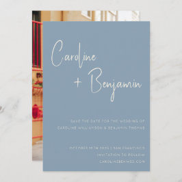 Reserva La Fecha Boda fotográfico sencillo y moderno con guión azul