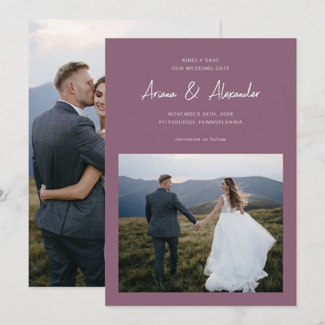Reserva La Fecha Boda fotográfico simple con guión púrpura (Anverso / Reverso)
