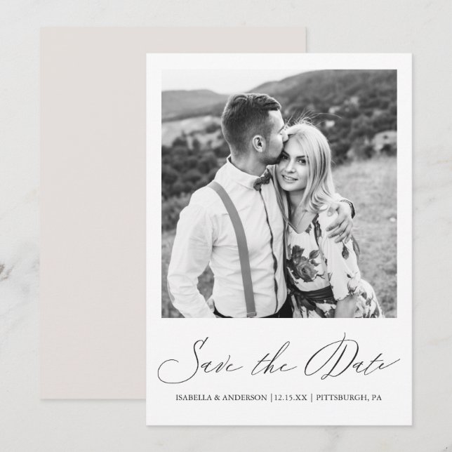 Reserva La Fecha Boda fotográfico simple de caligrafía de taúpe (Anverso / Reverso)
