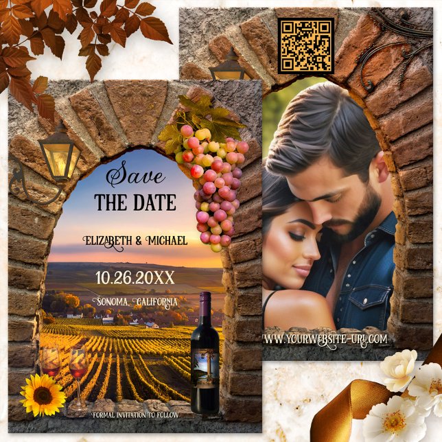 Reserva La Fecha Boda fotográfico sobre el tema del vino italiano (Romantic Save the Date card showing a Roman arch with lantern, wine and grapes - Italian - vineyard)