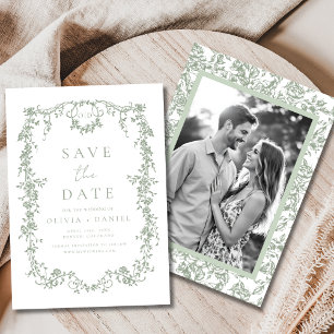 Reserva La Fecha Boda francés de foto verde de arcilla floral victo