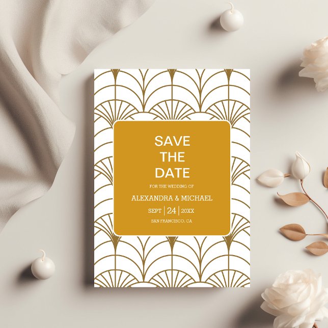 Reserva La Fecha Boda Gatsby Blanco de Oro Geométrico Art Deco (Subido por el creador)