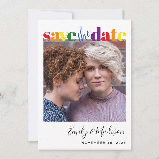 Reserva La Fecha Boda gay lesbiana Rainbow Photo Save the Date (Anverso)
