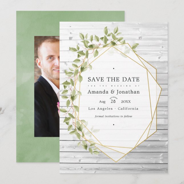 Reserva La Fecha Boda geométrica de acuarela rústica con vegetación (Anverso / Reverso)