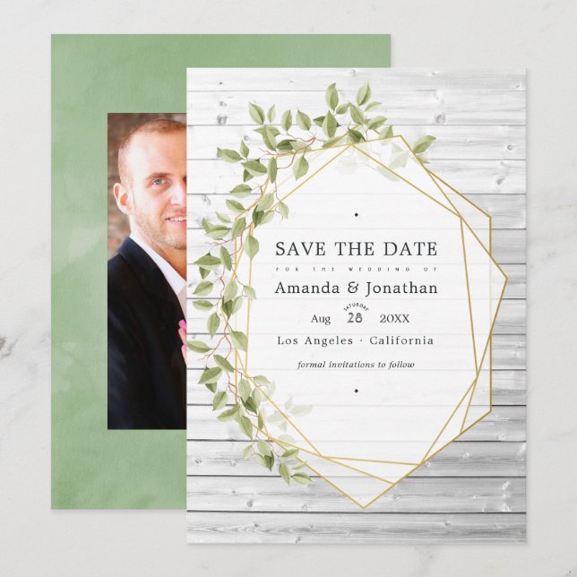 Reserva La Fecha Boda geométrica de acuarela rústica verde (Anverso / Reverso)