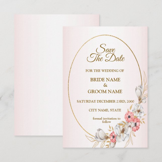 Reserva La Fecha Boda geométrica floral dorada rosa melocotón (Anverso / Reverso)