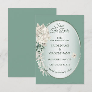 Reserva La Fecha Boda geométrica floral verde jazmín blanco