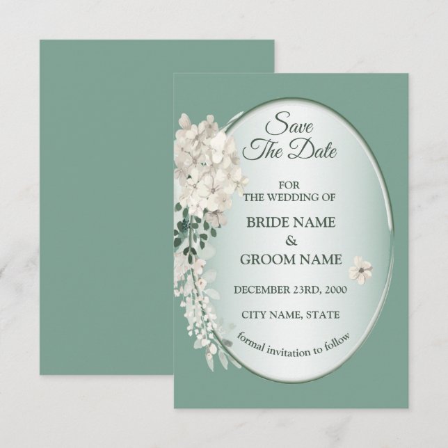 Reserva La Fecha Boda geométrica floral verde jazmín blanco (Anverso / Reverso)