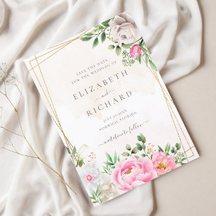 Reserva La Fecha Boda Geométrico de color de agua rosa Floral Gold