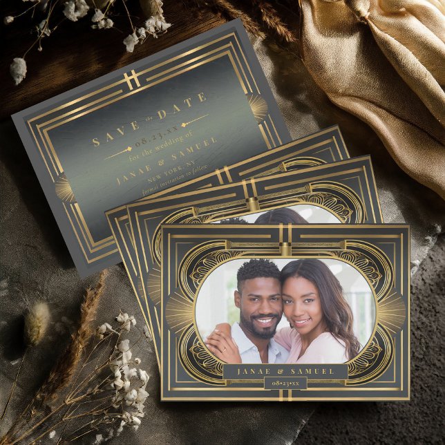 Reserva La Fecha Boda Glam Art Deco Foto Black/Gold ID1033 (Subido por el creador)