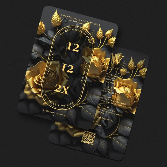 Reserva La Fecha Boda Gótica Elegante Boho Rosas Negras Doradas (Elegant Gothic Boho Black Gold Wedding QR Save The Date
)