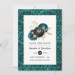 Reserva La Fecha Boda Gótica Floral en Verde Azul, Negro y Dorado