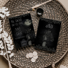 Reserva La Fecha Boda Gótica Floral Personalizada en Negro y Gris