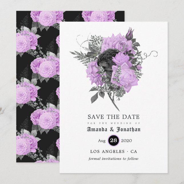 Reserva La Fecha Boda gótico floral morado negro y plateado (Anverso / Reverso)