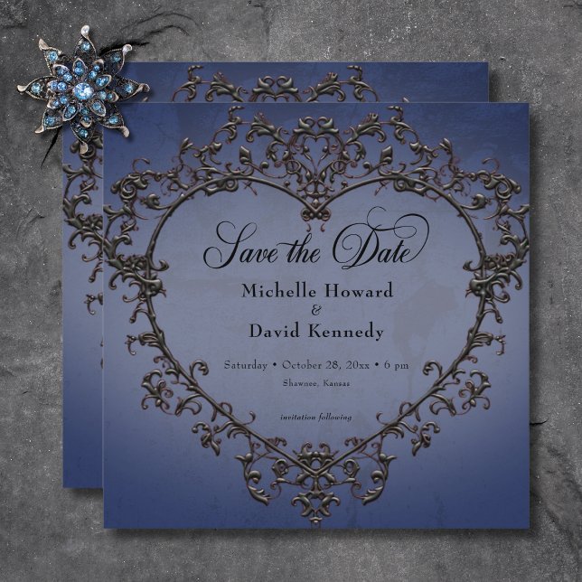 Reserva La Fecha Boda gótico negro y azul de corazón filigrí (Gothic Black & Blue Filigree Heart Wedding Save The Date)