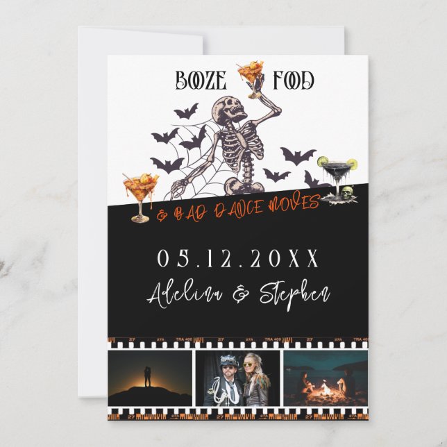 Reserva La Fecha Boda gótico Skeleton Booze Comida mala danza se mu (Anverso)