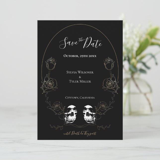 Reserva La Fecha Boda gótico Skull floral negro (Anverso de pie)