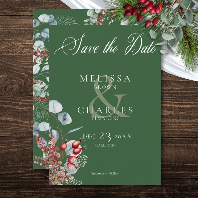 Reserva La Fecha Boda Green Winter Pine Berries Eucalyptus (Green Winter Pine Berries Eucalyptus Wedding Save The Date)