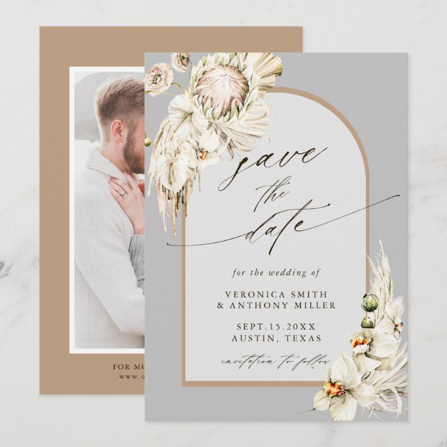 Reserva La Fecha Boda gris de Boho Protea Pampas (Anverso / Reverso)