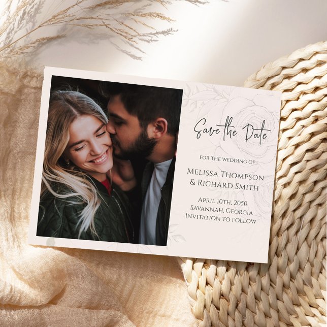 Reserva La Fecha Boda Guardar la fecha de la floral de Rubor (Elegant floral photo save the date card with stylish calligraphy script. )