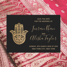 Boda Hindú Salva la fecha Hamsa dorado Henna