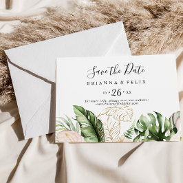 Reserva La Fecha Boda horizontal floral de follaje tropical dorado