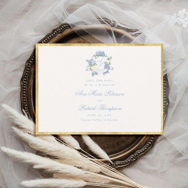 Reserva La Fecha Boda Hydrangeas Crest Blue Ivory Gold Frame (formal wedding save the date modern classic traditional frame hydrangea crest gold blue periwinkle )