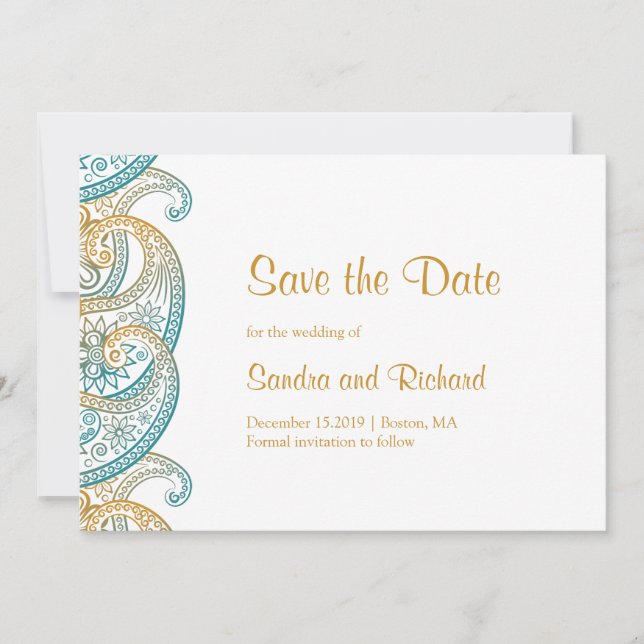 Reserva La Fecha Boda India de Paisley Teal y Dorado (Anverso)