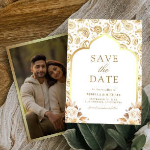 Reserva La Fecha Boda India Floral Paisley de Oro Blanco Foto