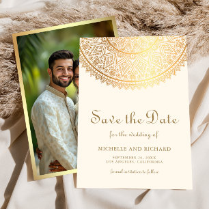 Reserva La Fecha Boda india foto mandala oro crema